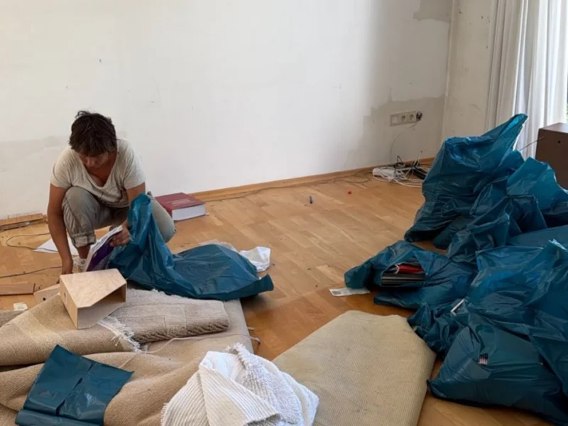 Mitarbeiter verpackt Teppiche in einem leeren Zimmer