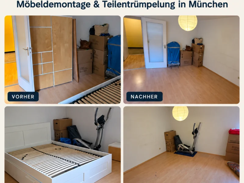 Bett und Schrank vor und nach der Teilentrümpelung in München-Haidhausen