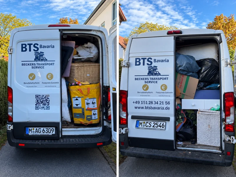 Zwei beladene BTS-Bavaria-Transporter beim Wohnungsentrümpelungsauftrag in München-Schwabing
