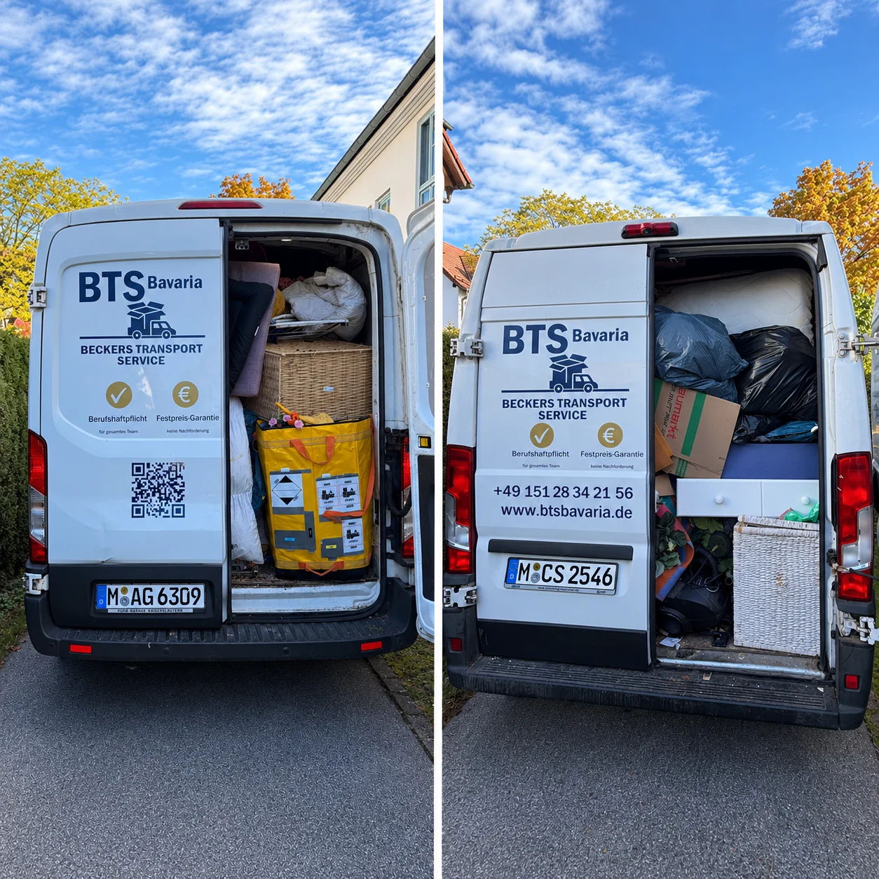 Zwei beladene BTS-Bavaria-Transporter beim Wohnungsentrümpelungsauftrag in München-Schwabing